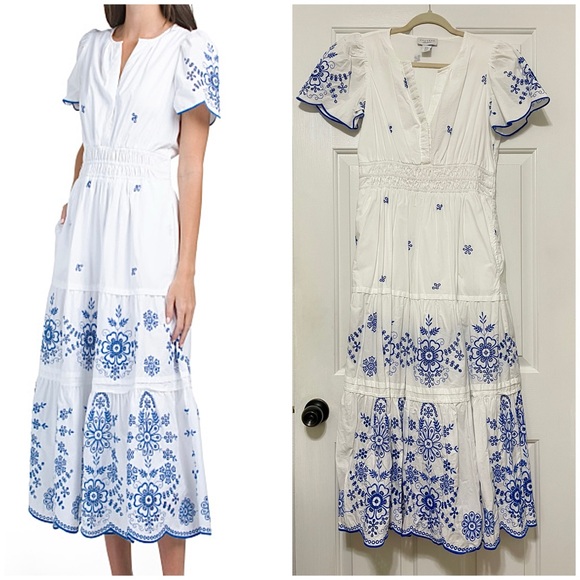 CALYPSO ST. BARTH white Maxi short sleeve Blue Embroidered Eyelet Dress size M - Picture 2 of 11